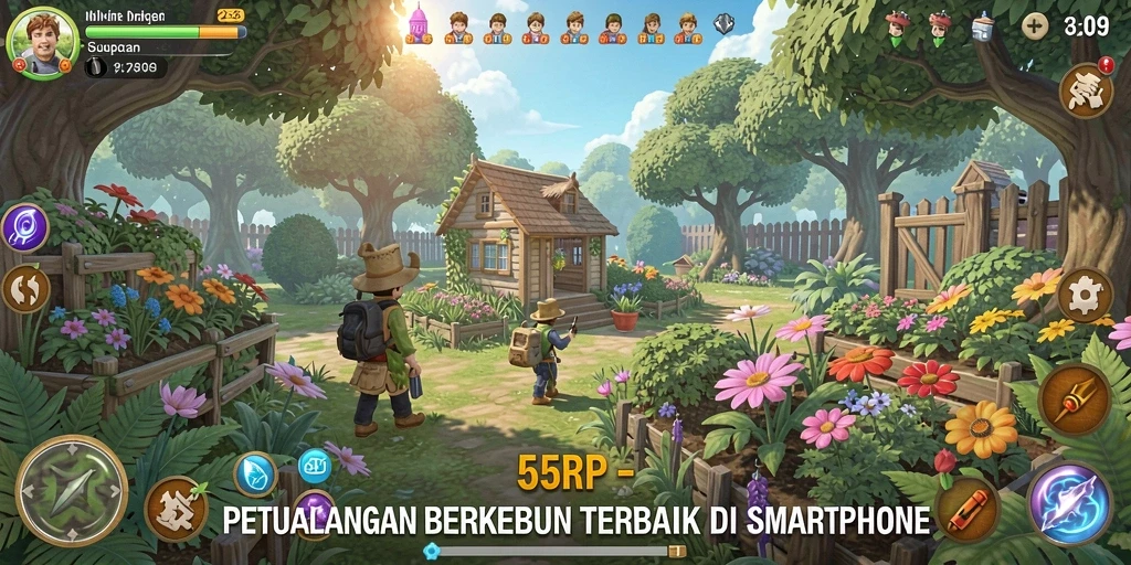Tangkapan layar gameplay 55RP menunjukkan kebun yang indah dengan berbagai tanaman.