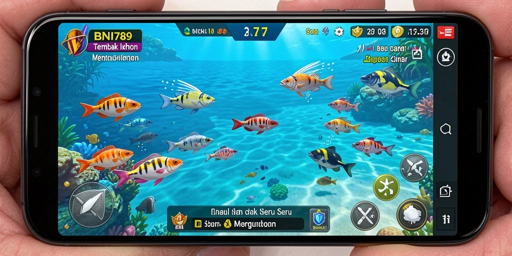 Screenshot gameplay BNI789 menampilkan berbagai ikan menarik dan aksi menembak yang seru.