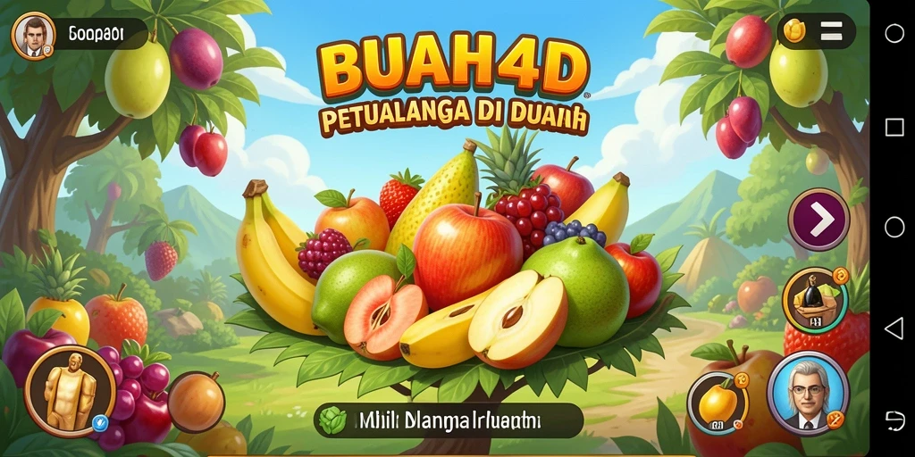 Tangkapan layar gameplay BUAH4D menampilkan karakter bermain di kebun buah.