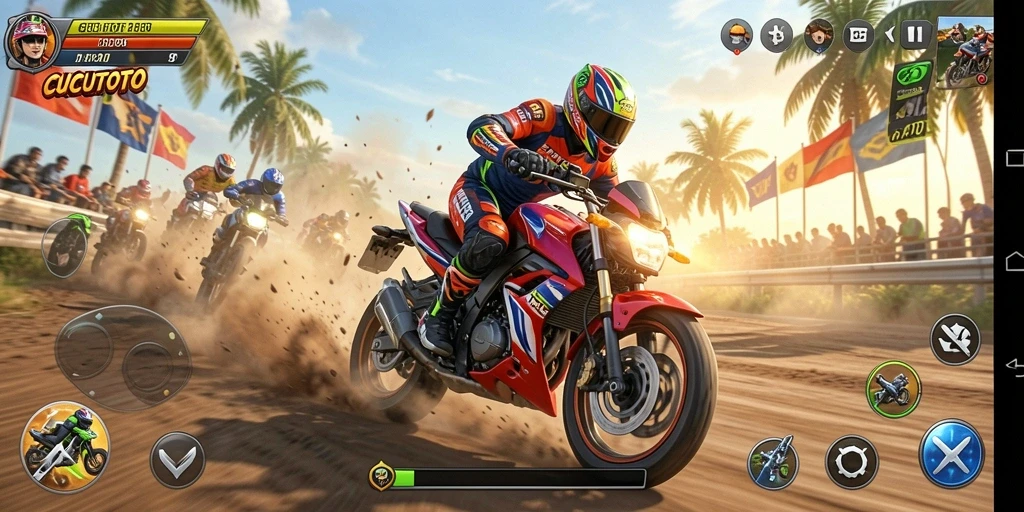 Tampilan gameplay CUCUTOTO yang memukau saat balapan motor di lintasan.