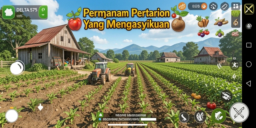 Screenshot gameplay DELTA575 yang menampilkan pertanian yang indah dan berwarna.