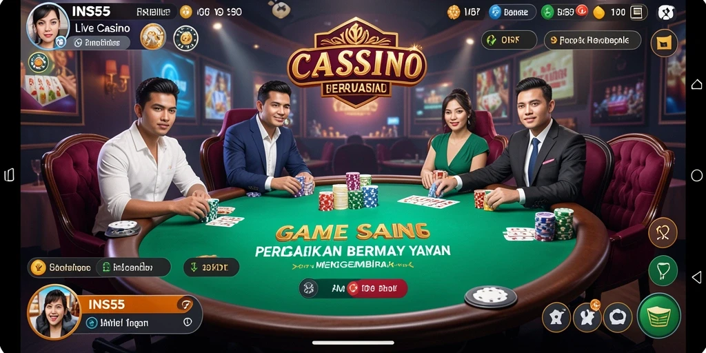 Screenshot gameplay INS55 menampilkan dealer profesional dan meja permainan yang menarik.
