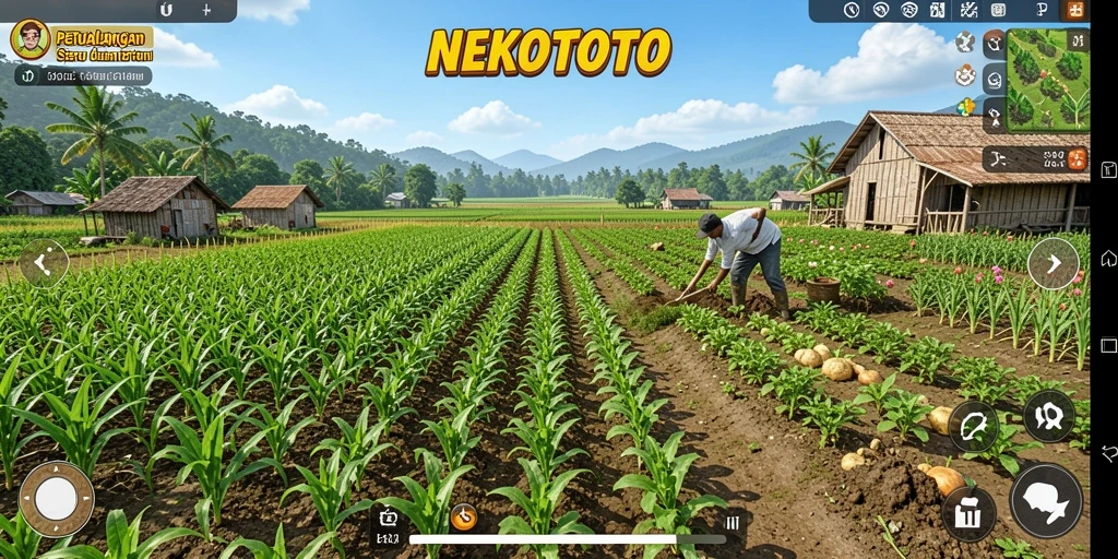 Tampilan gameplay NEKOTOTO dengan ladang yang subur dan hewan ternak.