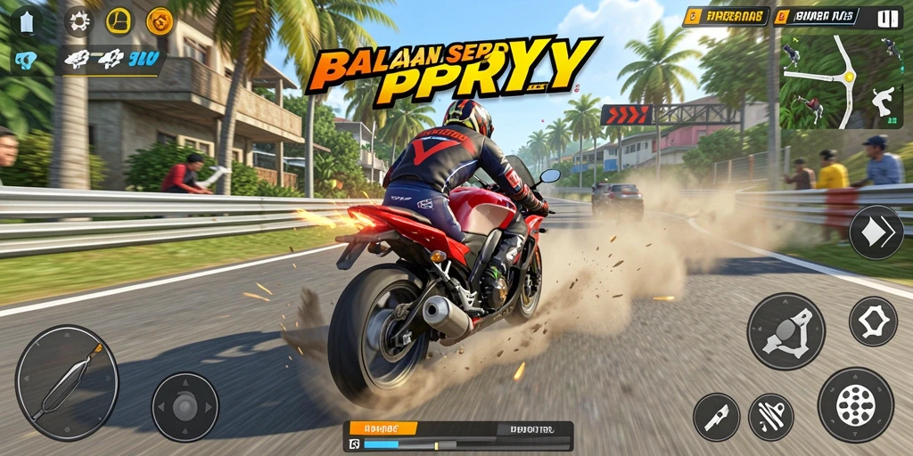 Tampilan gameplay seru dengan balapan sepeda motor yang mendebarkan.