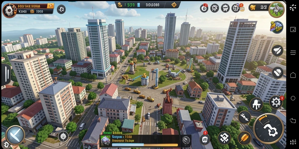 Screenshot gameplay S13 menampilkan pembangunan kota dan strategi SLG.