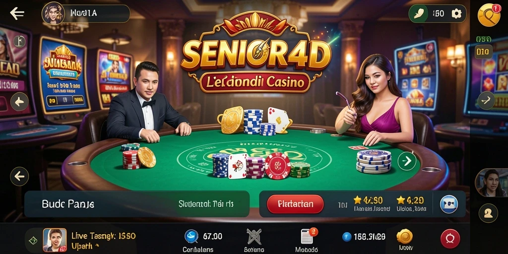 Tangkapan layar gameplay SENIOR4D menunjukkan suasana kasino yang hidup dan interaktif.